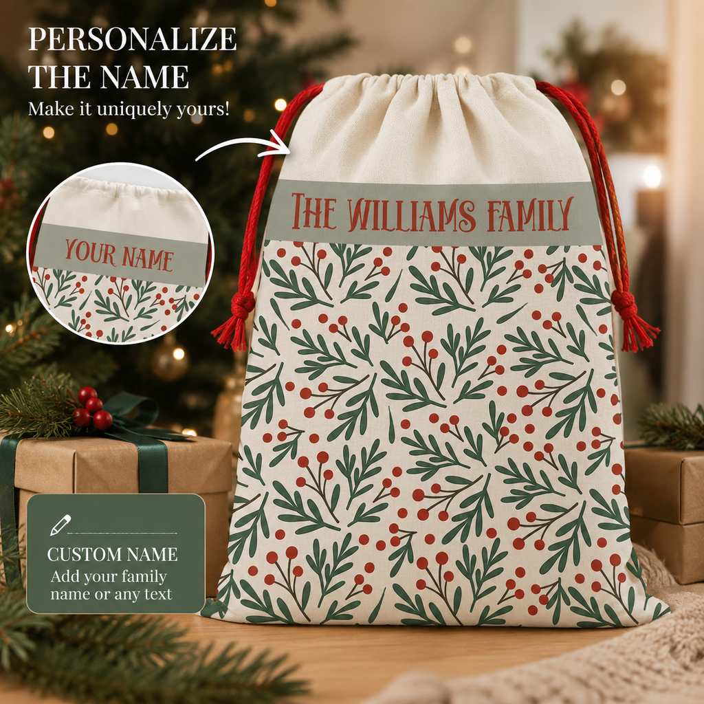 Personalization guide showing the family name band on the holly berry Santa sack