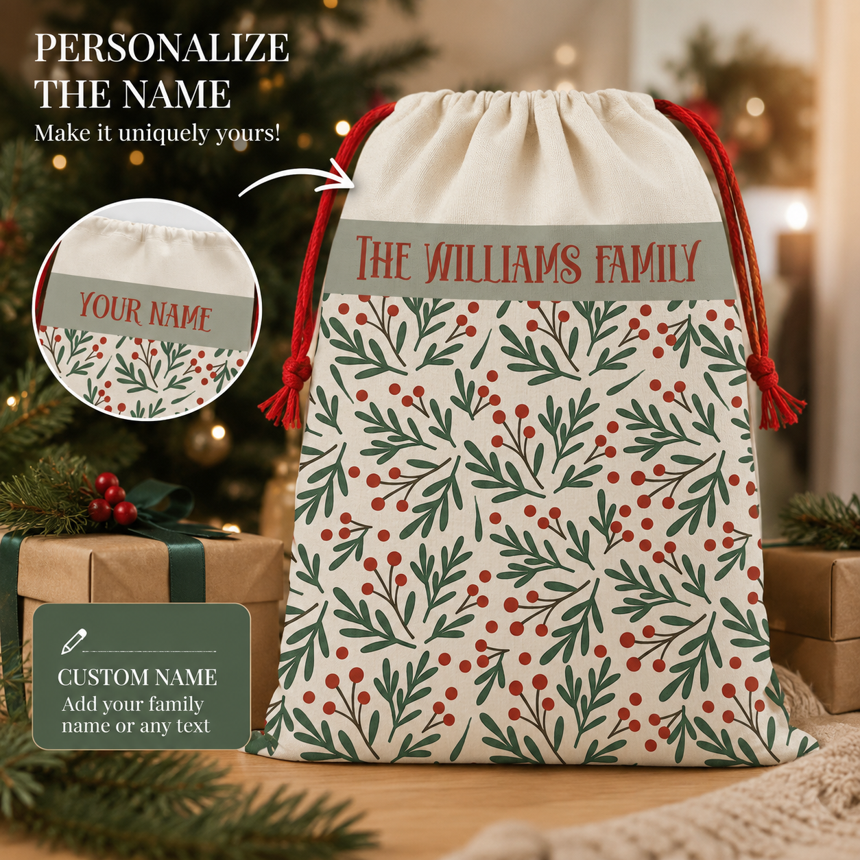 Personalization guide showing the family name band on the holly berry Santa sack