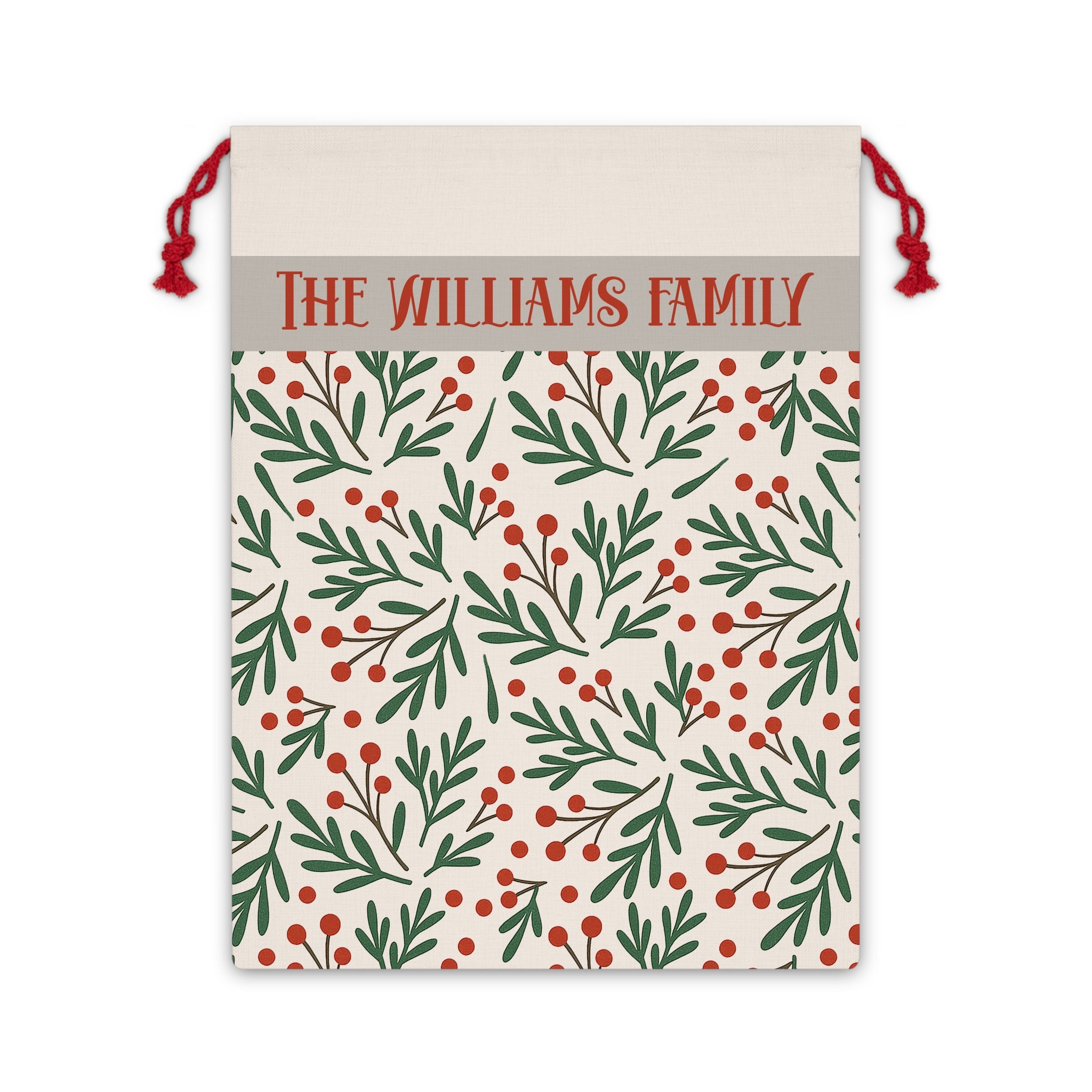 Personalized holly berry Santa sack with a family name band, green foliage and red berries on a cream drawstring bag