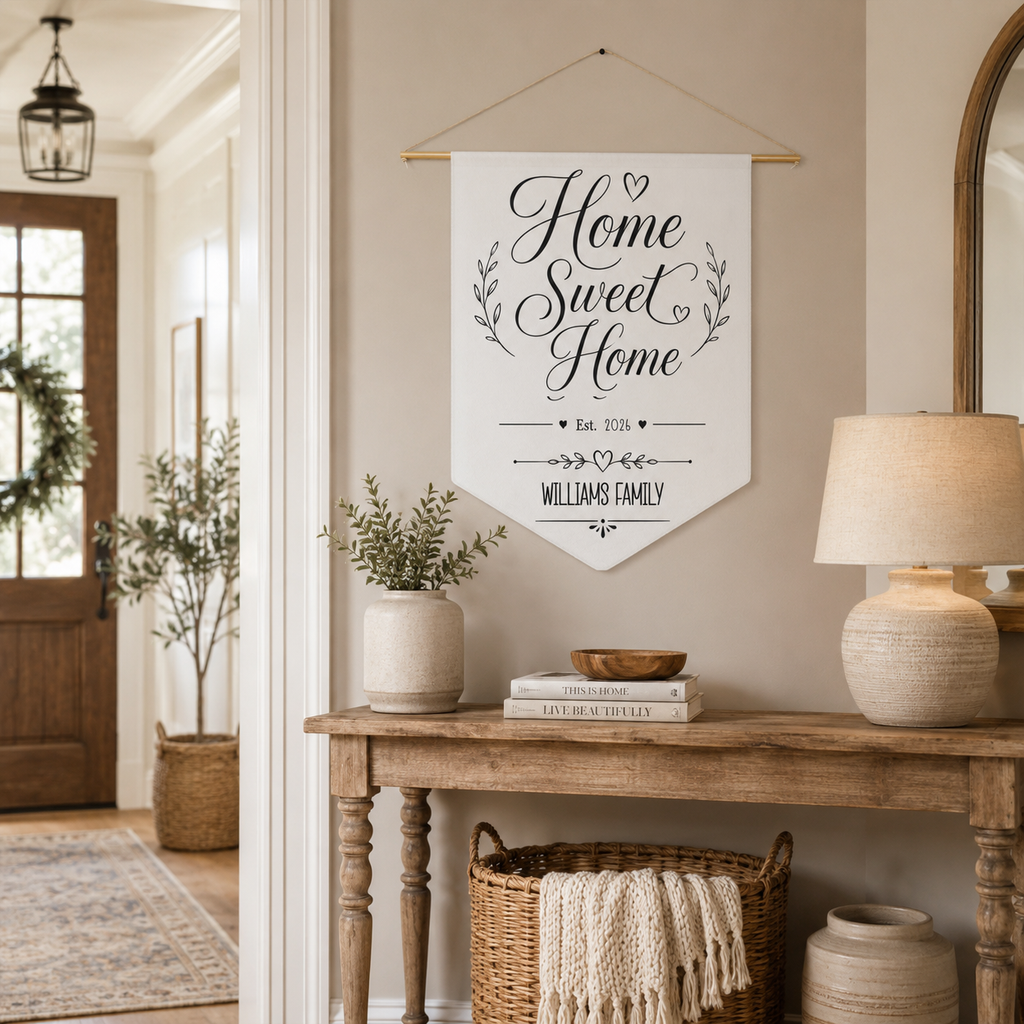 Design template for the Home Sweet Home pennant showing the print layout