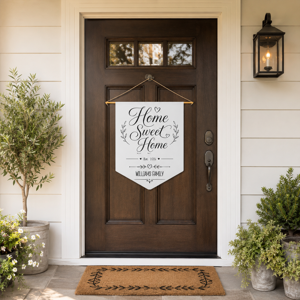 Personalization guide showing the family name and established year on the Home Sweet Home pennant