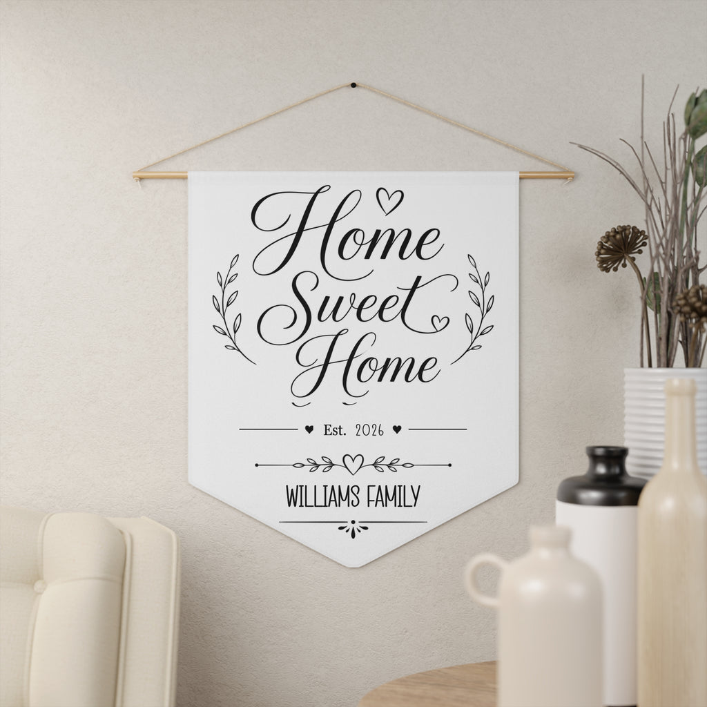 Home Sweet Home pennant shown hanging on a wall as personalized home decor