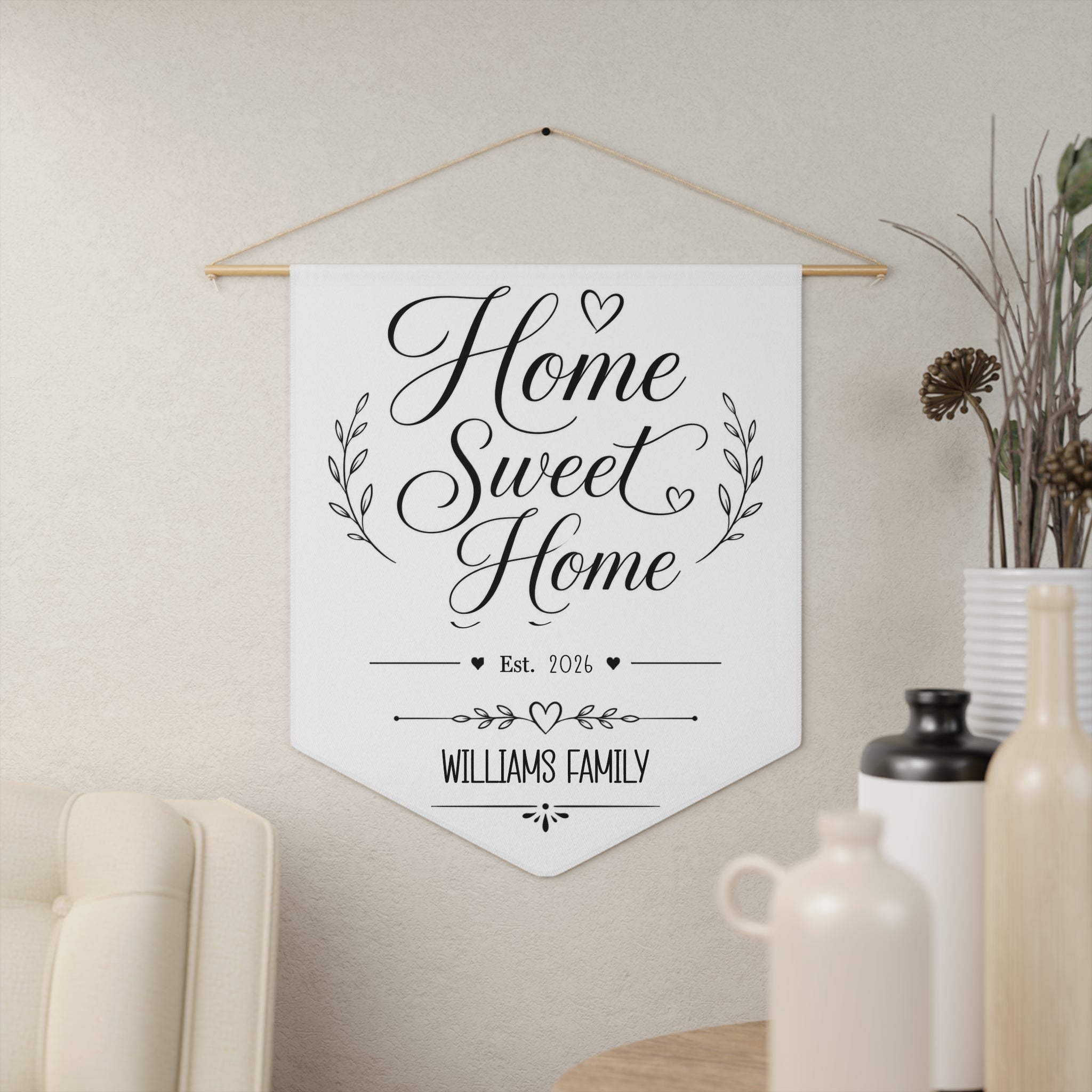 Home Sweet Home pennant shown hanging on a wall as personalized home decor