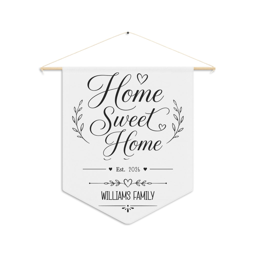 Personalized Home Sweet Home pennant with an established year and family name in elegant script