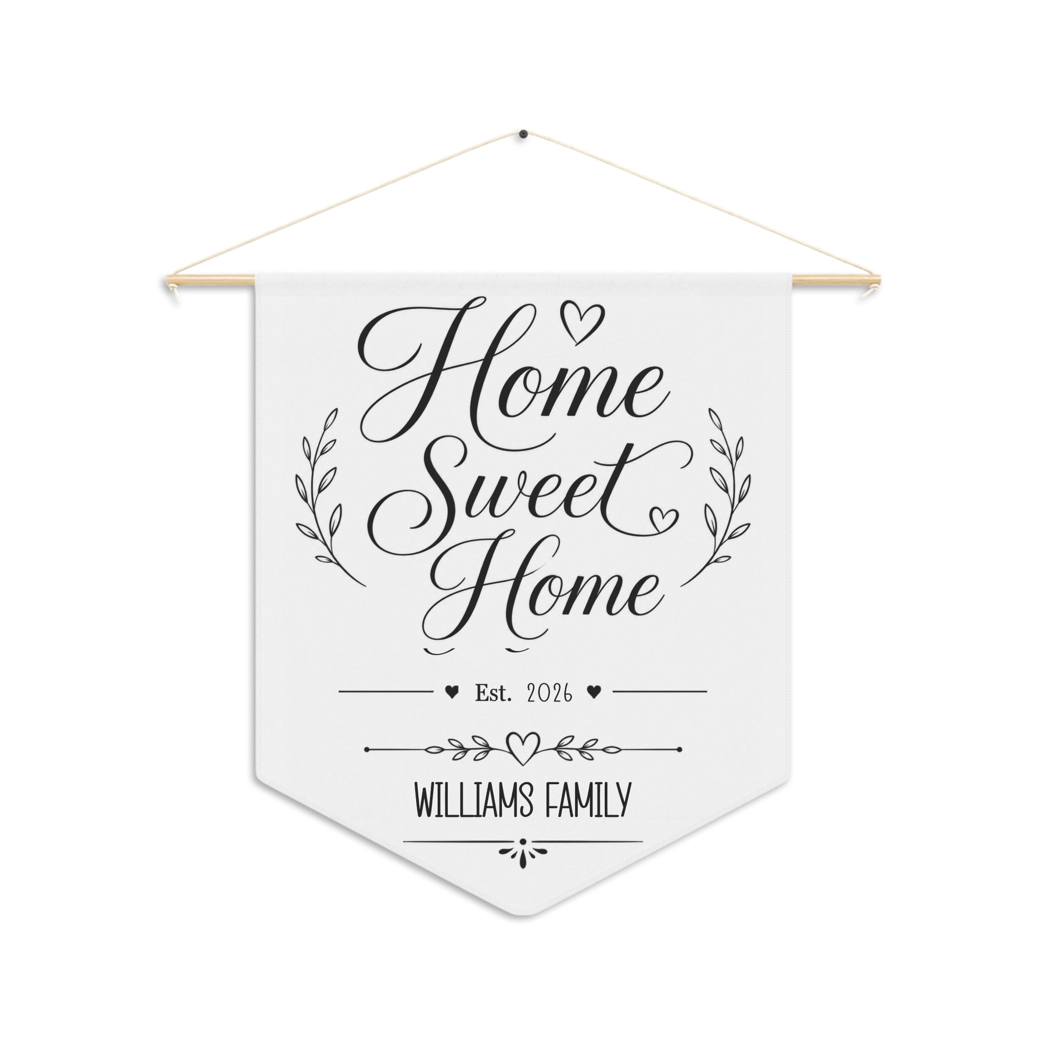 Personalized Home Sweet Home pennant with an established year and family name in elegant script