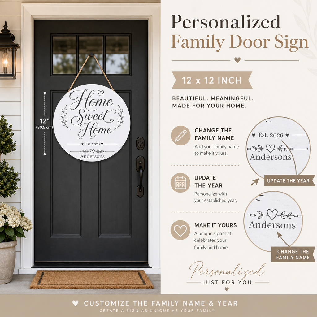 Personalization guide showing the family name and year on the Home Sweet Home wood plaque