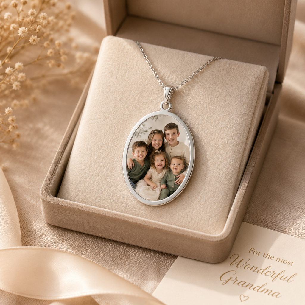 Oval kids photo necklace shown with its gift box