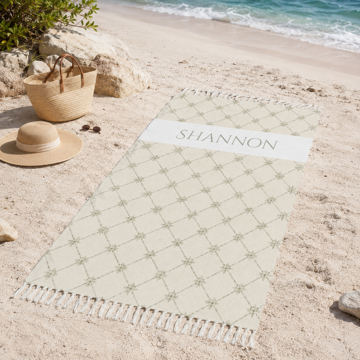 Lattice trellis beach towel design detail with custom name
