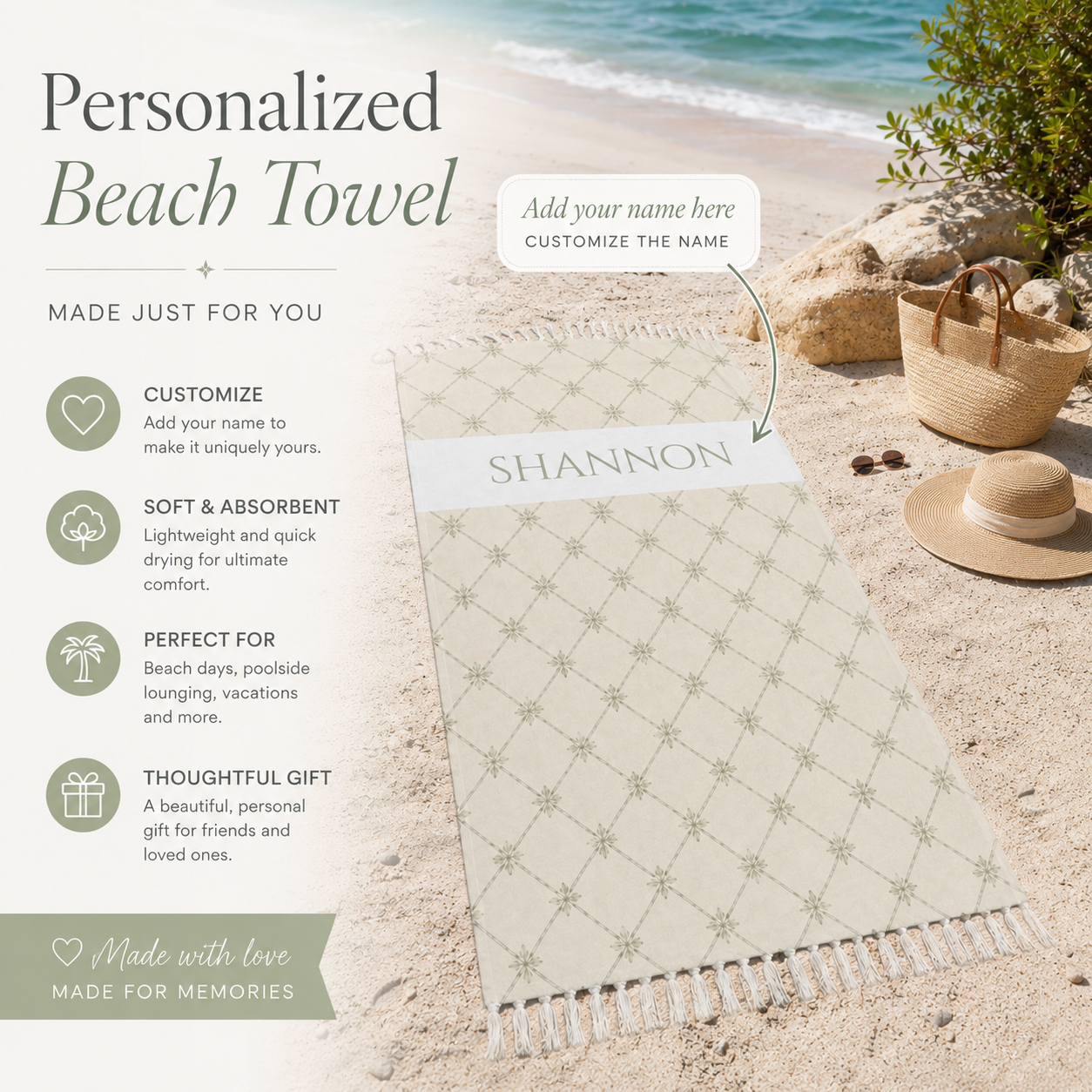 Sage and cream lattice personalized beach towel artwork