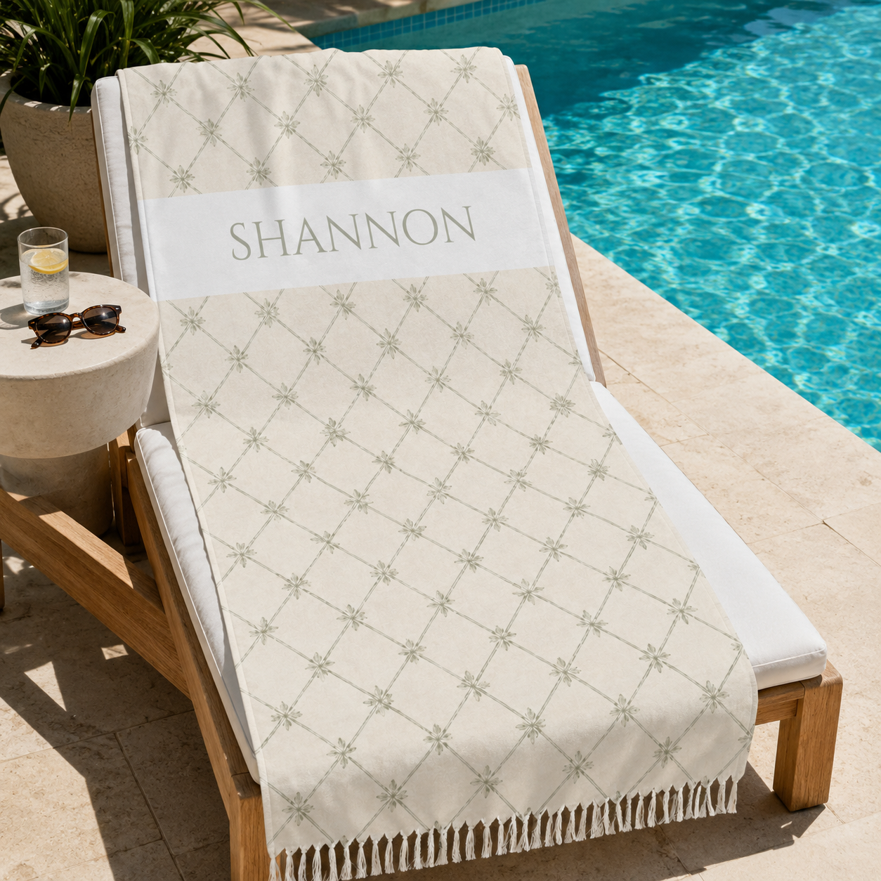 Sage green lattice beach towel print design with personalized name