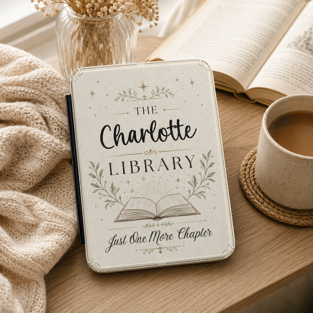 Design template for the library Kindle case showing the print layout