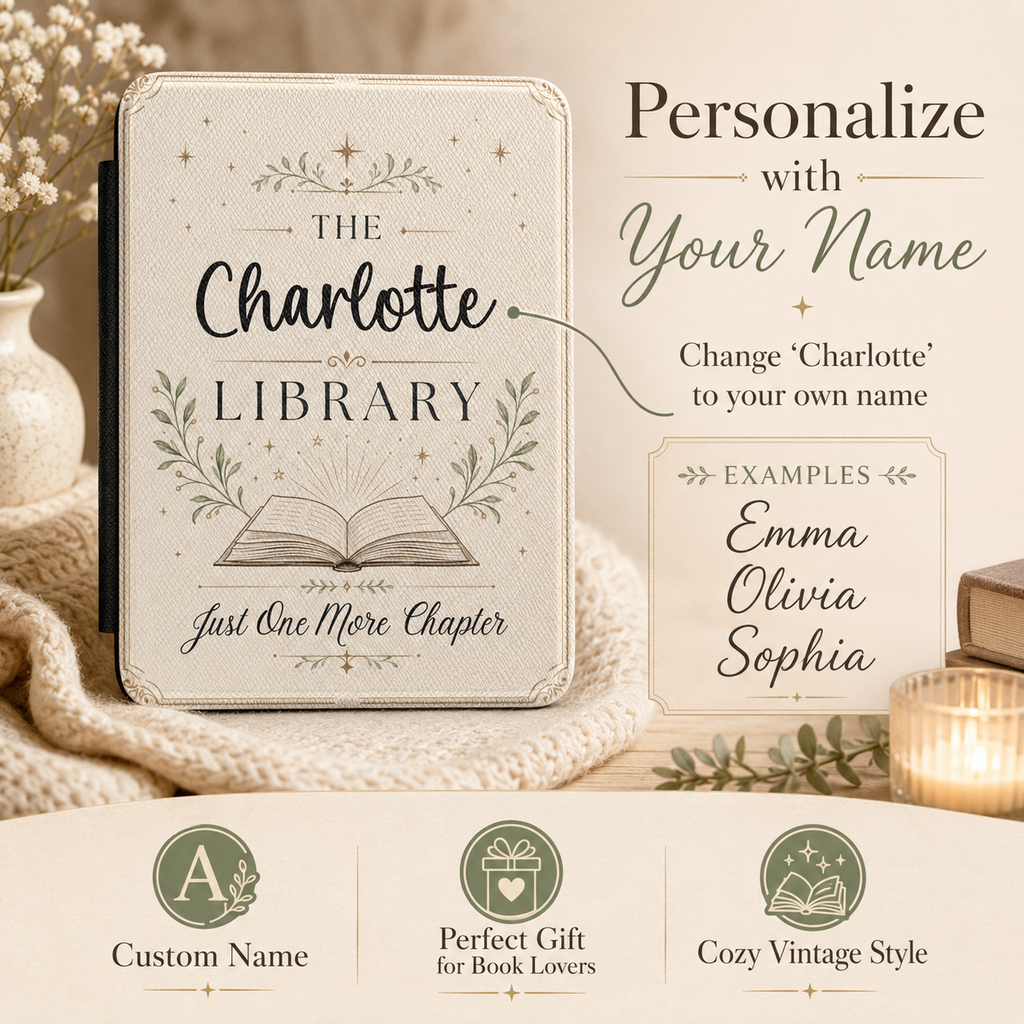 Personalization guide showing the custom name on the library Kindle case