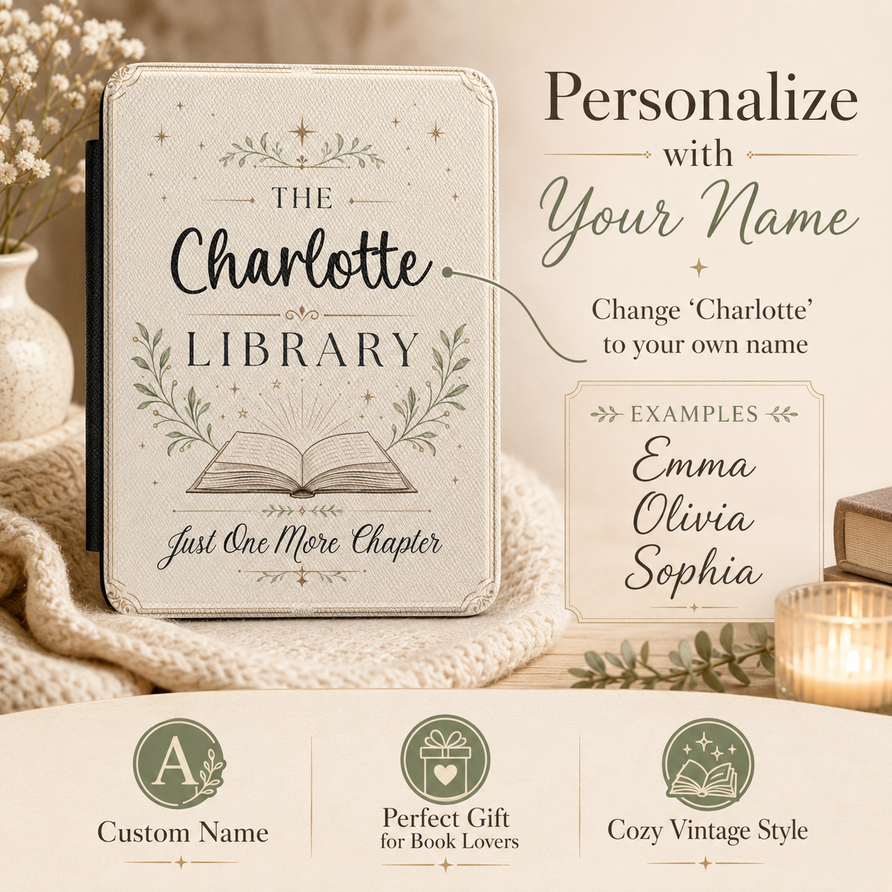 Personalization guide showing the custom name on the library Kindle case