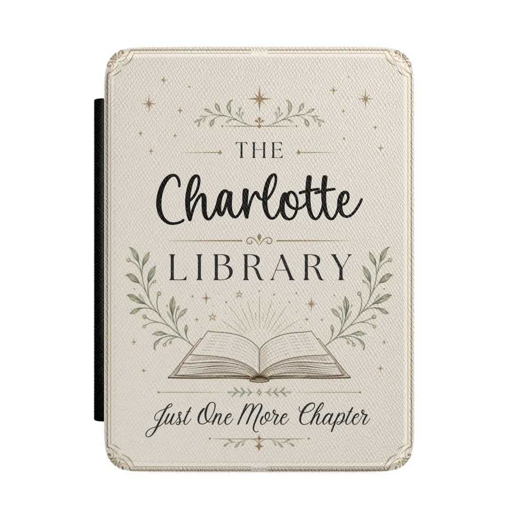 Personalized library Kindle case in cream PU leather with laurels, an open book, and a custom name reading The Library