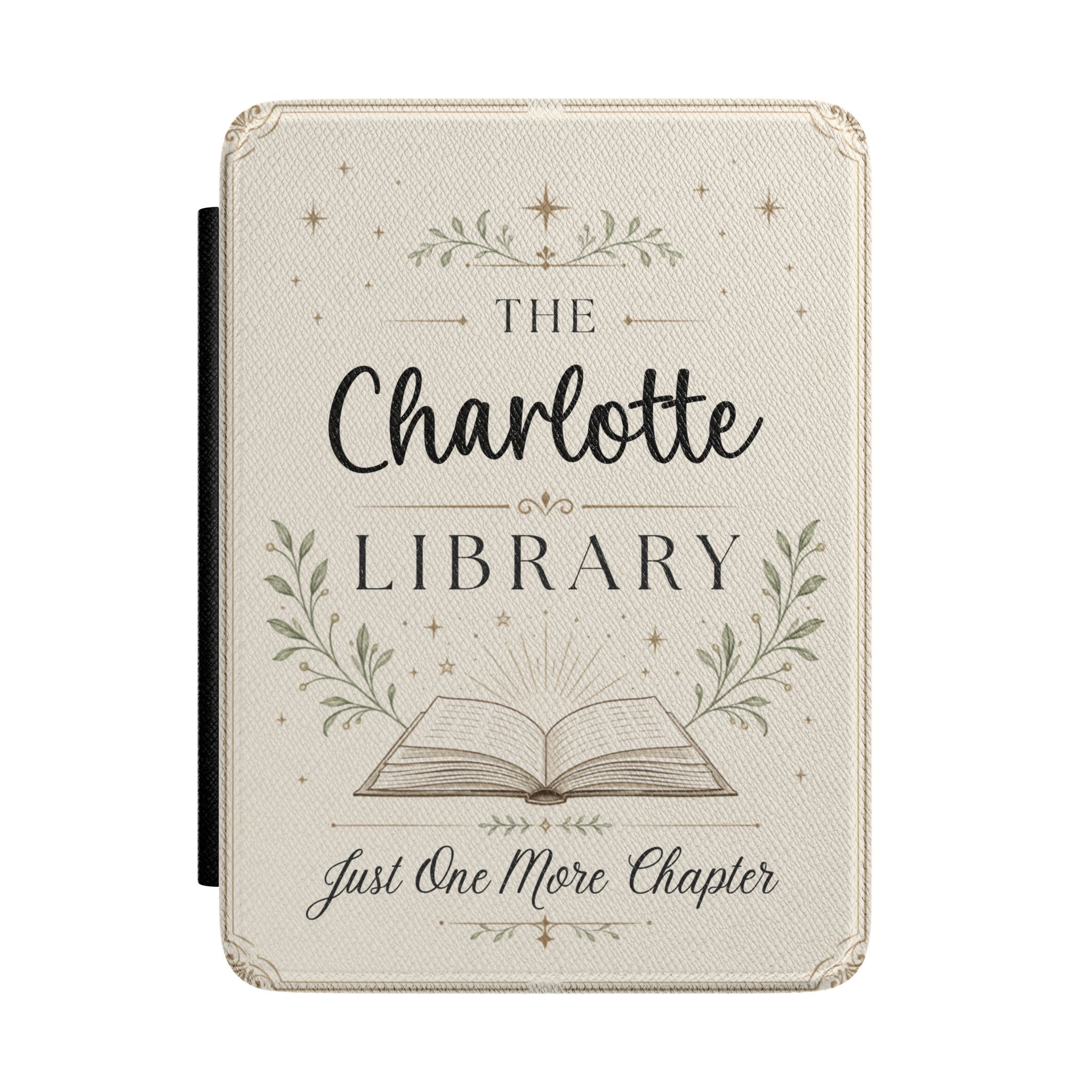 Personalized library Kindle case in cream PU leather with laurels, an open book, and a custom name reading The Library