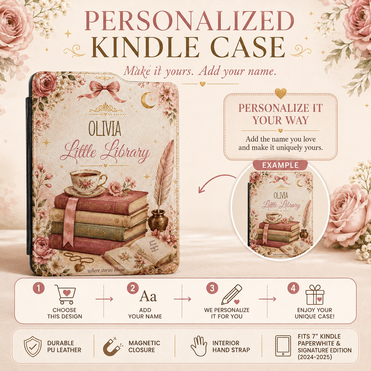 Personalization guide showing the custom name on the little library Kindle case