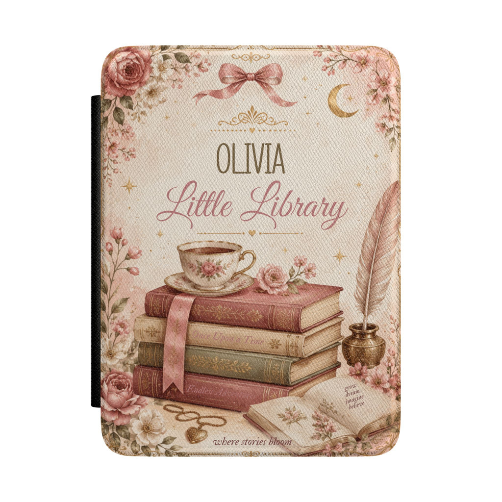 Personalized little library Kindle case in pink PU leather with a floral teacup, books, and a custom name reading Little Library