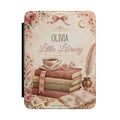 Personalized little library Kindle case in pink PU leather with a floral teacup, books, and a custom name reading Little Library