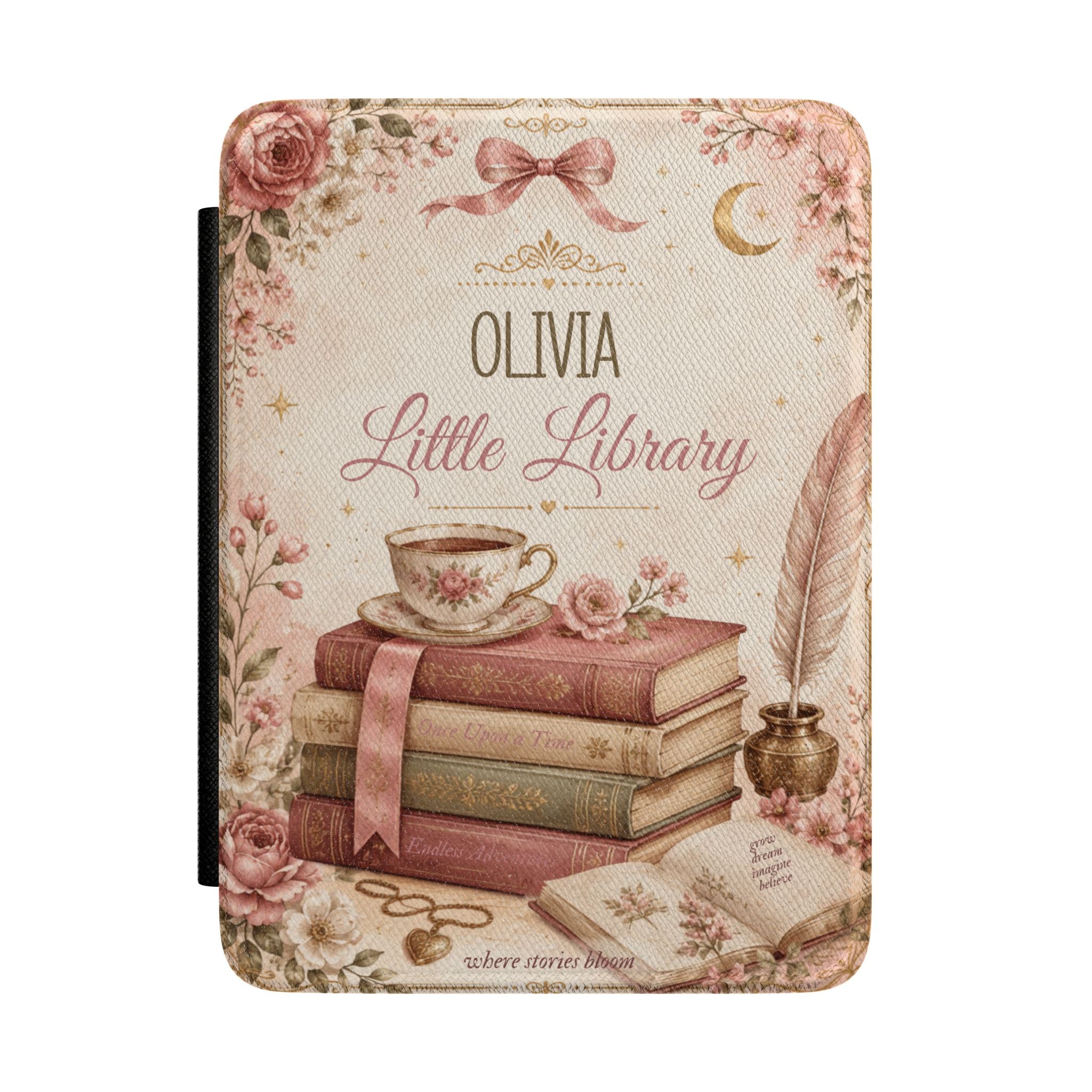 Personalized little library Kindle case in pink PU leather with a floral teacup, books, and a custom name reading Little Library