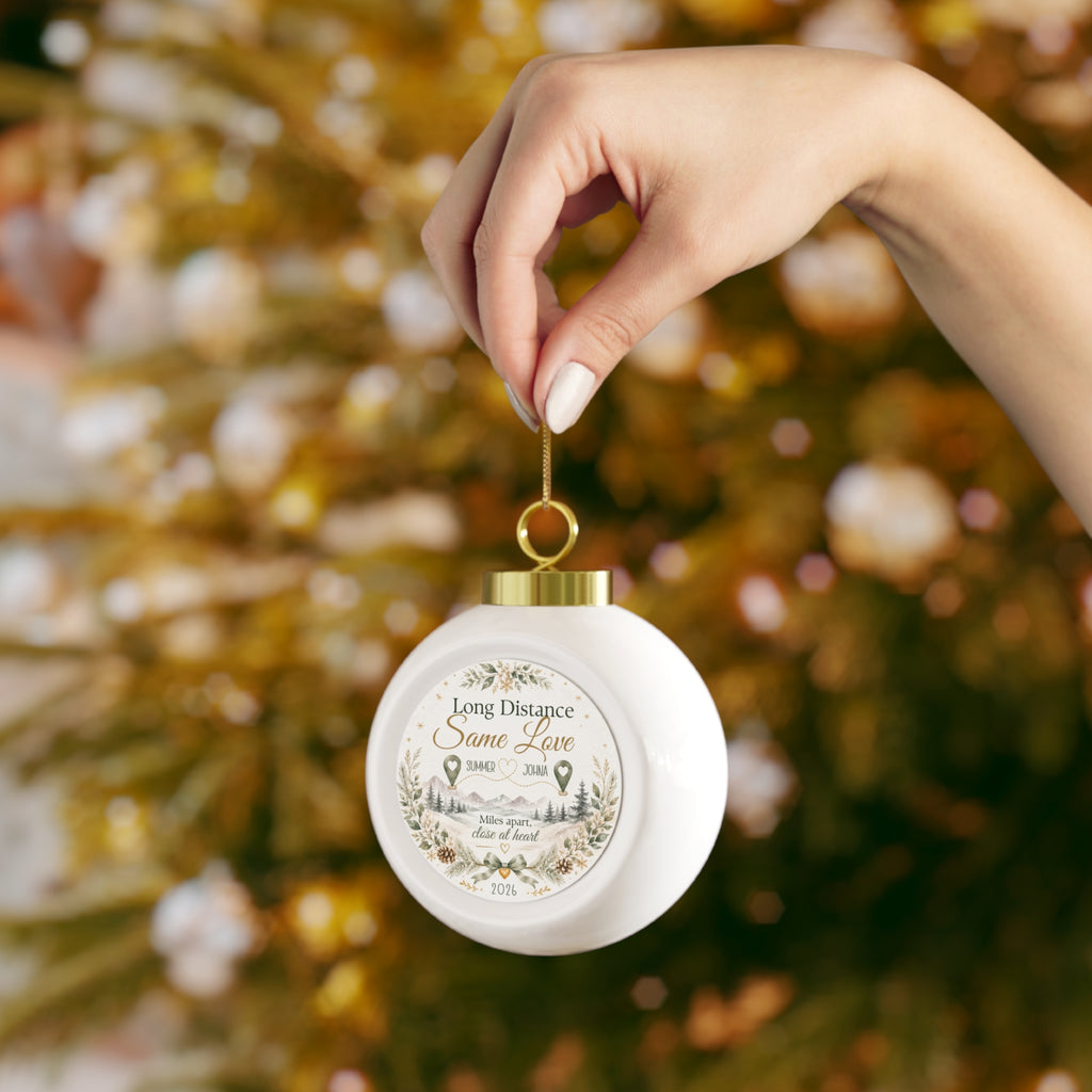 Back of the long distance couple ceramic Christmas ball ornament