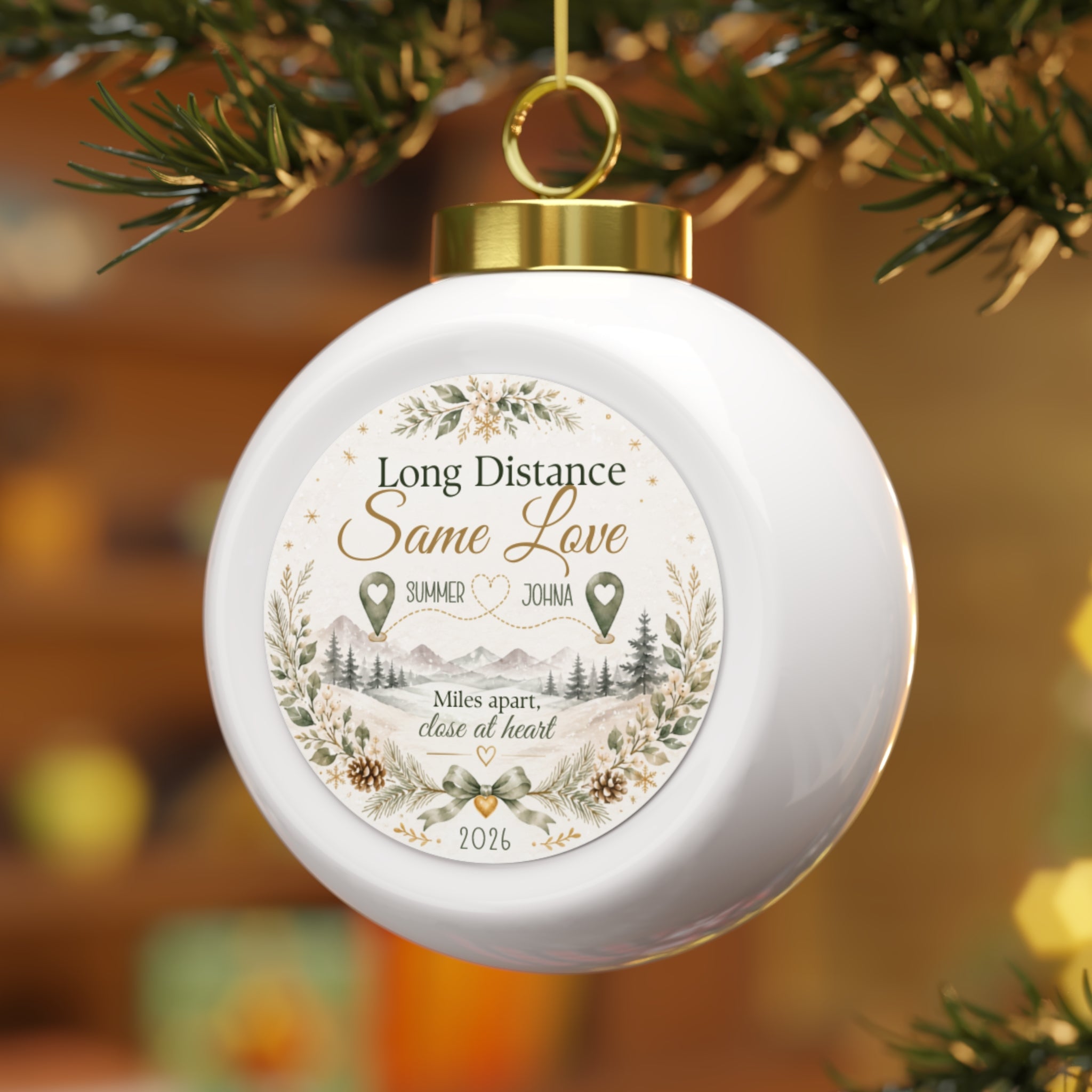 Long distance couple Christmas ornament hanging on a Christmas tree