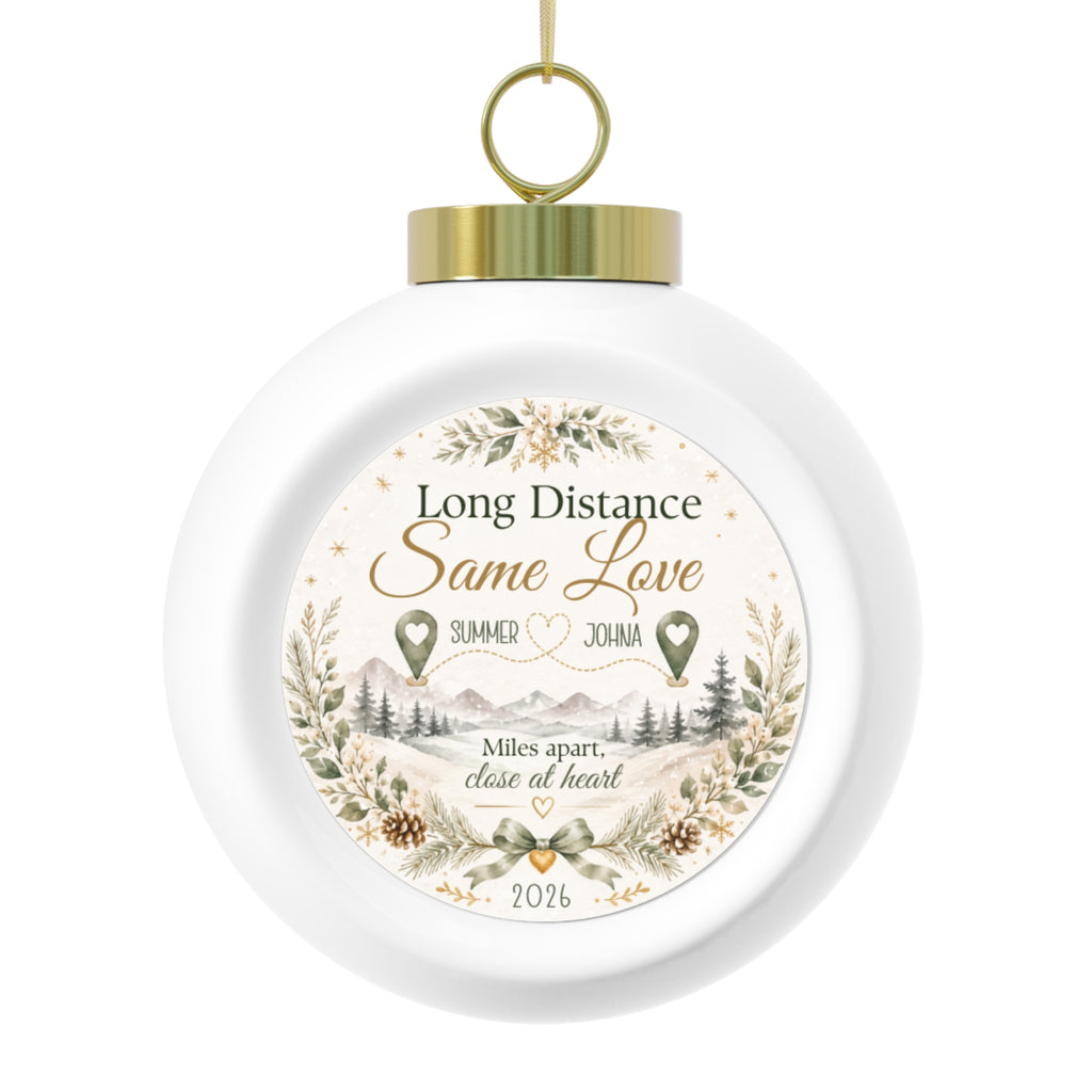 Personalized long distance couple Christmas ornament with two names, map pins, and Long Distance Same Love text