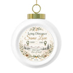 Personalized long distance couple Christmas ornament with two names, map pins, and Long Distance Same Love text