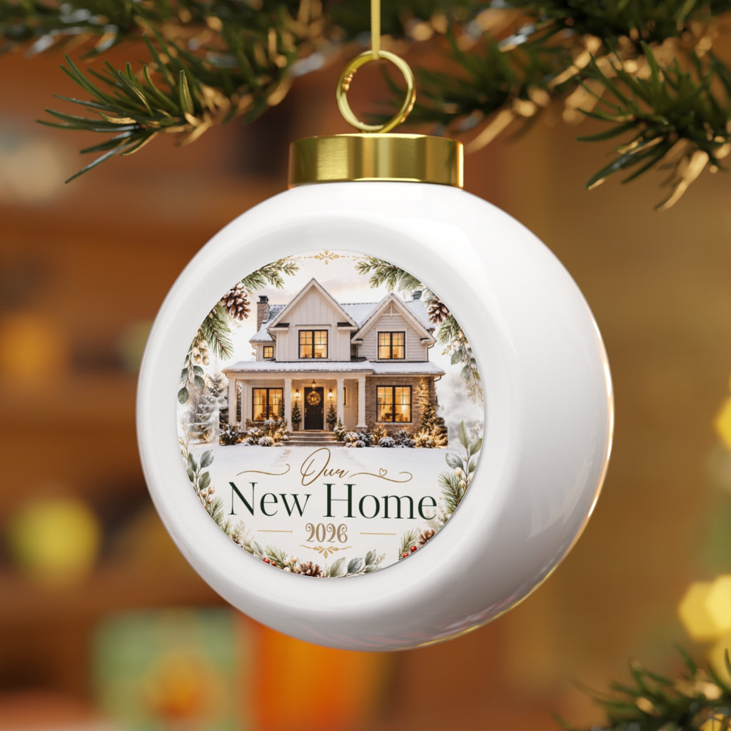 New home Christmas ornament hanging on a Christmas tree