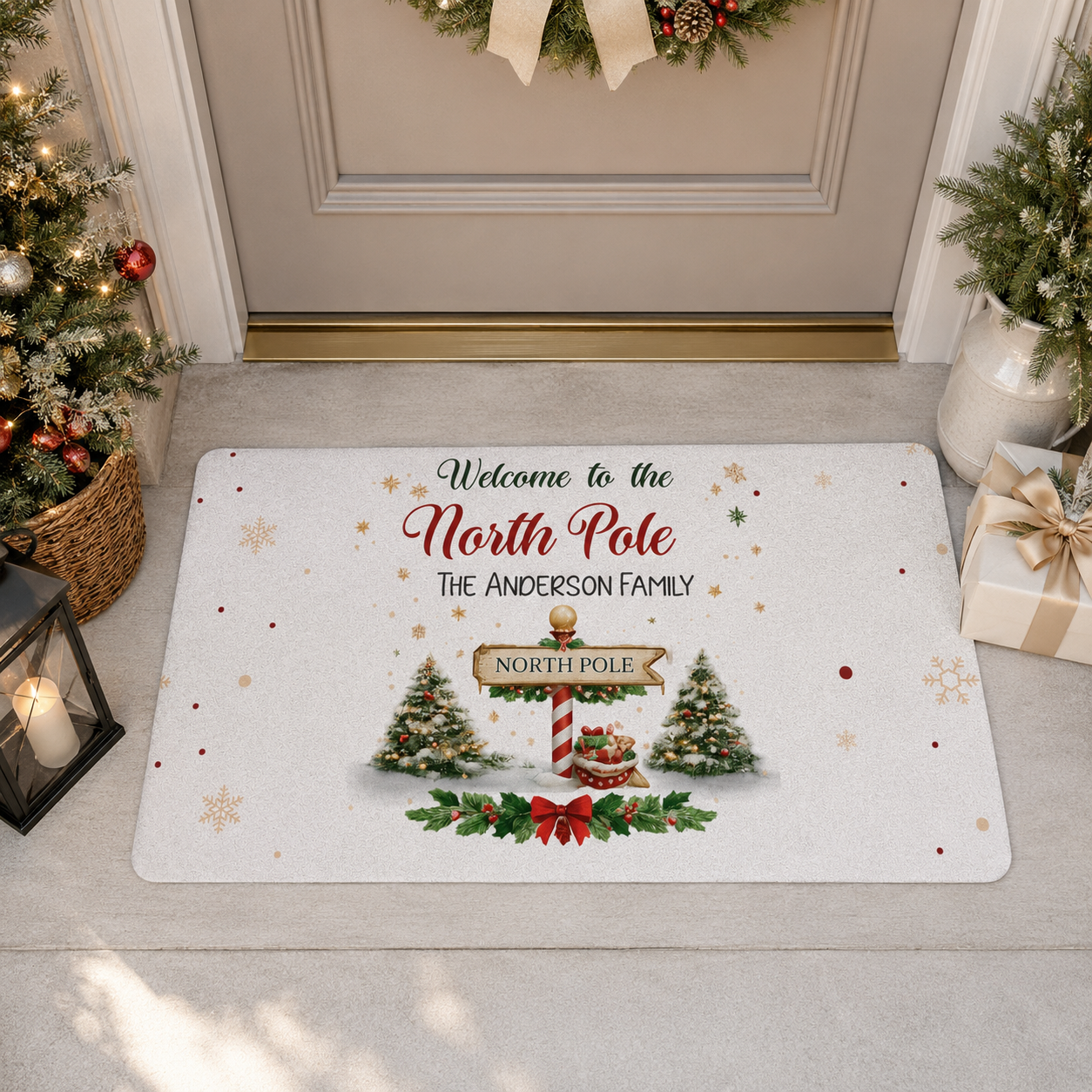 Design template for the North Pole Christmas doormat showing the print layout