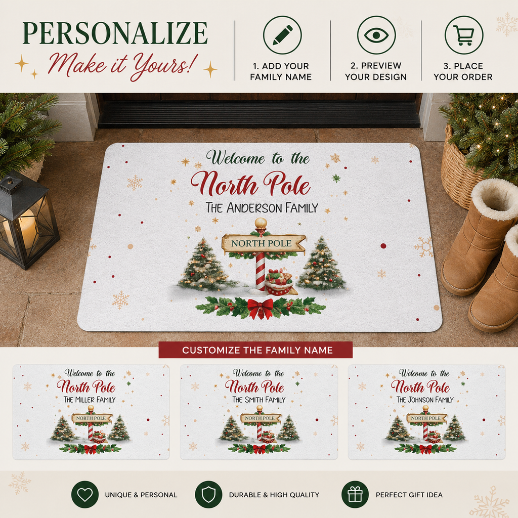 Close-up of the North Pole sign and tree design on the doormat