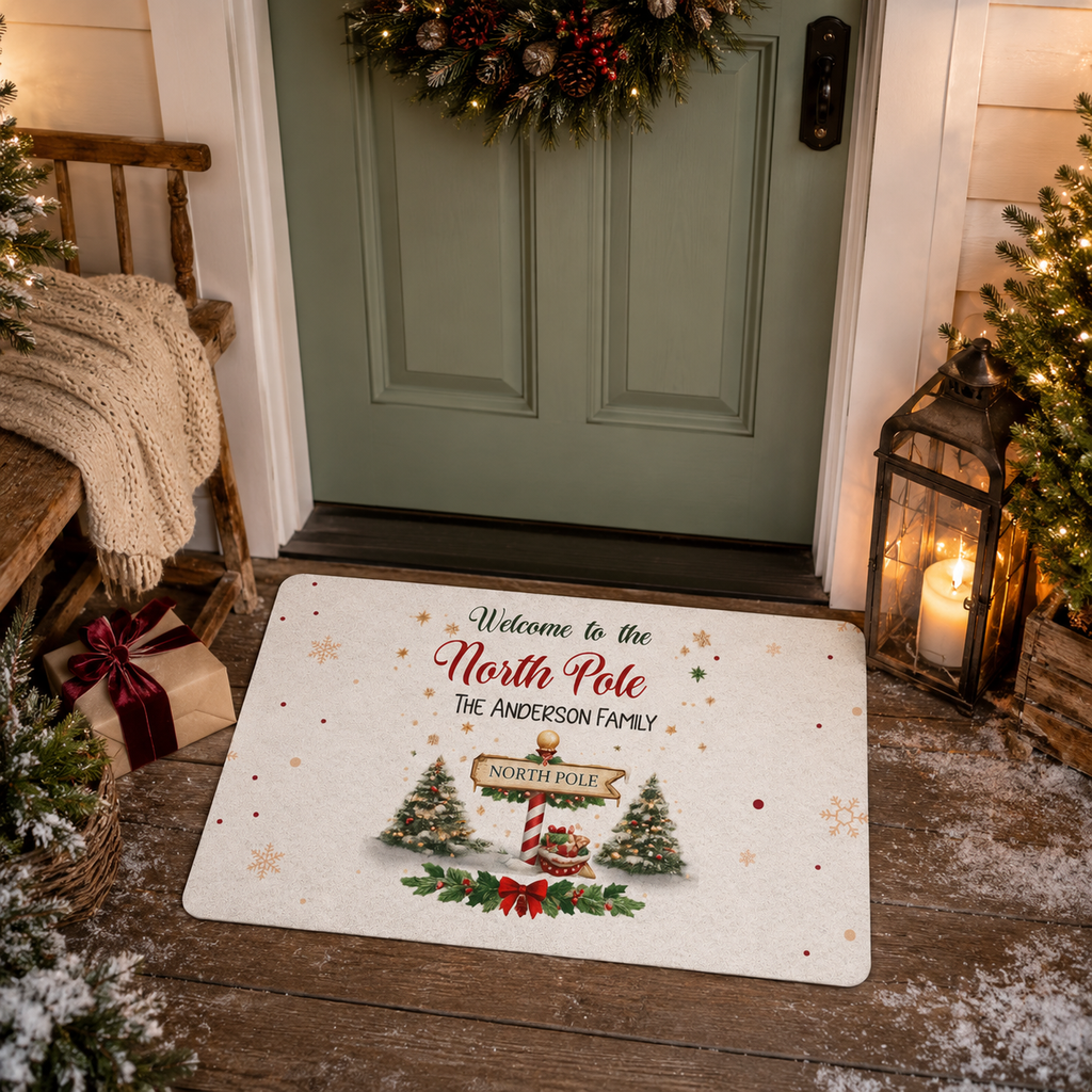 Personalization guide showing the custom family name on the North Pole doormat