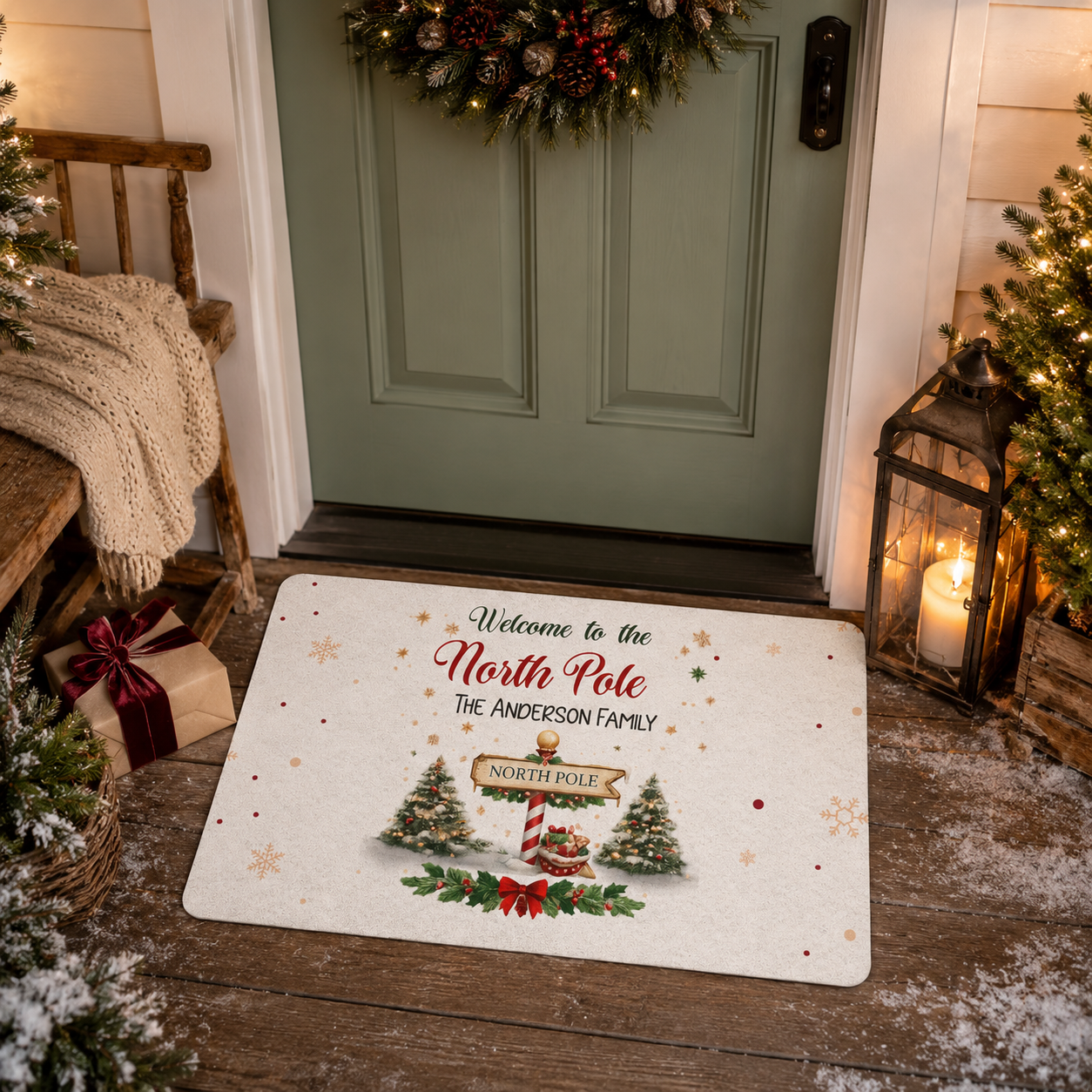 Personalization guide showing the custom family name on the North Pole doormat