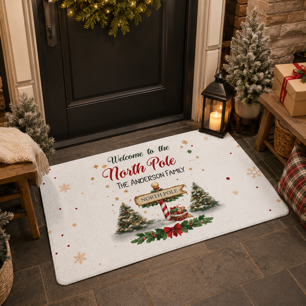 North Pole Christmas doormat shown on a floor by a front door