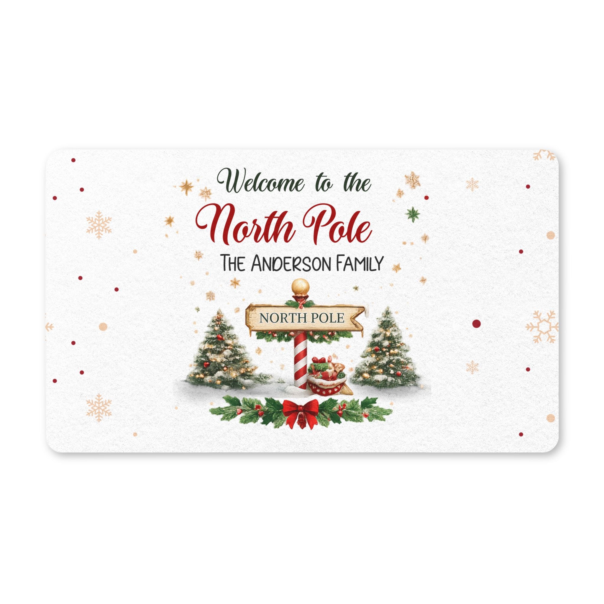 Personalized North Pole Christmas doormat with a family name, a North Pole sign and decorated trees on a snowy background