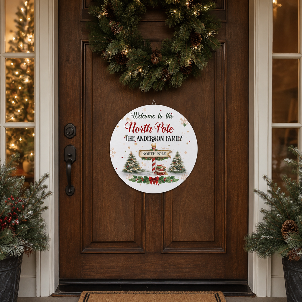 Close-up of the North Pole signpost and holly design on the wood plaque