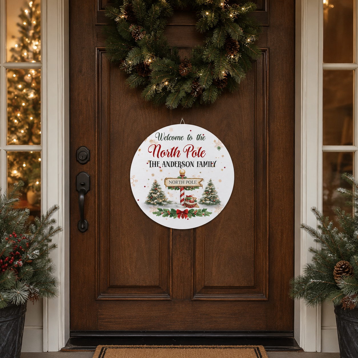 Close-up of the North Pole signpost and holly design on the wood plaque