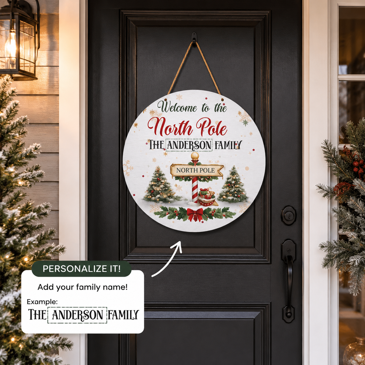 Personalization guide showing the custom family name on the North Pole wood plaque