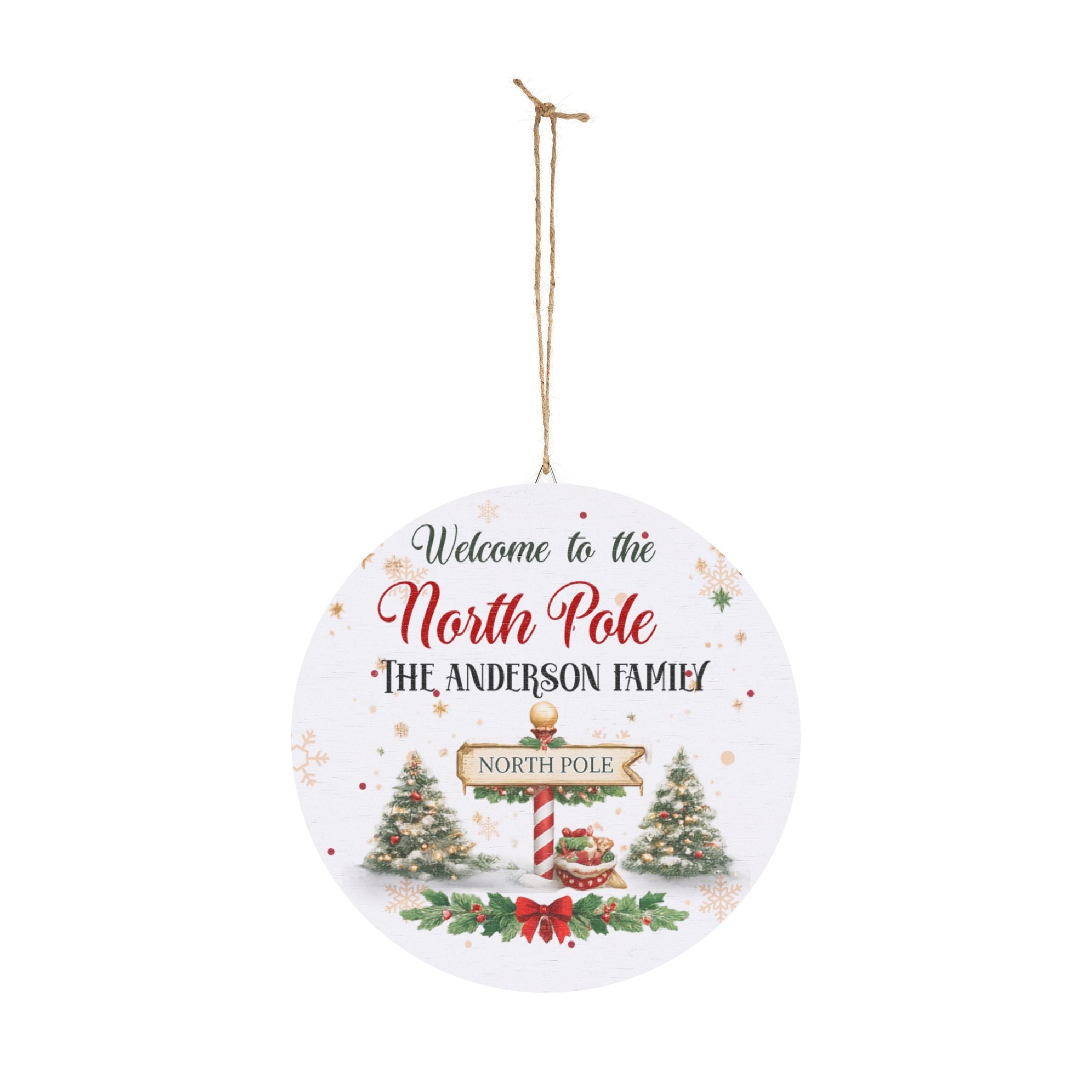North Pole wood plaque shown as part of a festive entryway display