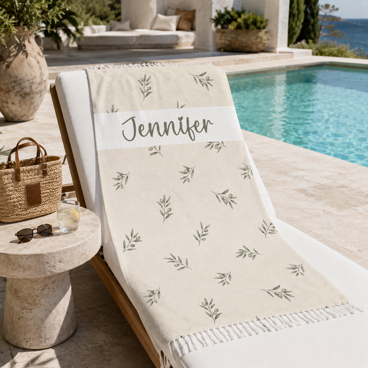 Olive branch beach towel design detail with custom name