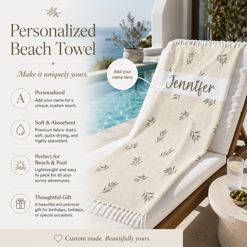 Mediterranean olive branch personalized beach towel artwork