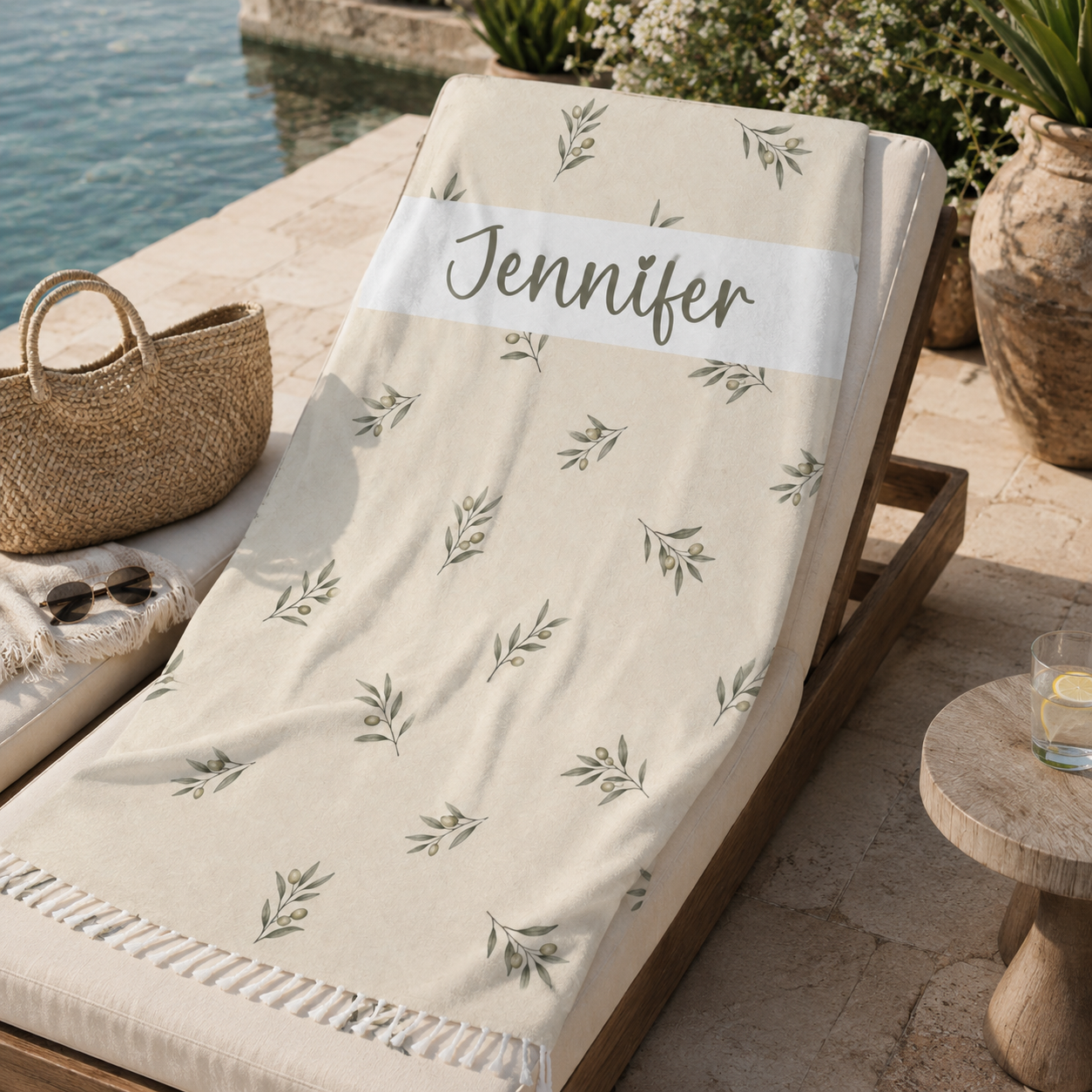 Watercolor olive branch beach towel print design with personalized name