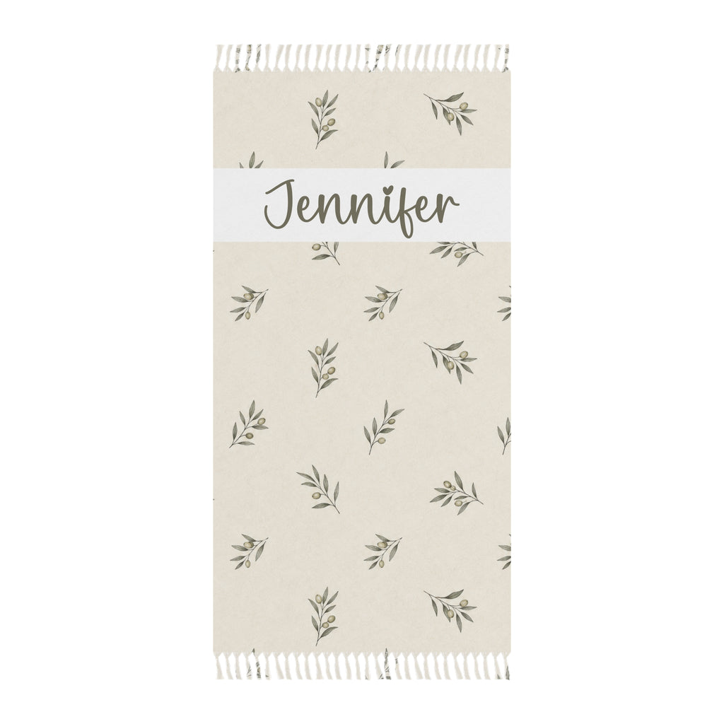 Personalized olive branch beach towel with custom name and tassels