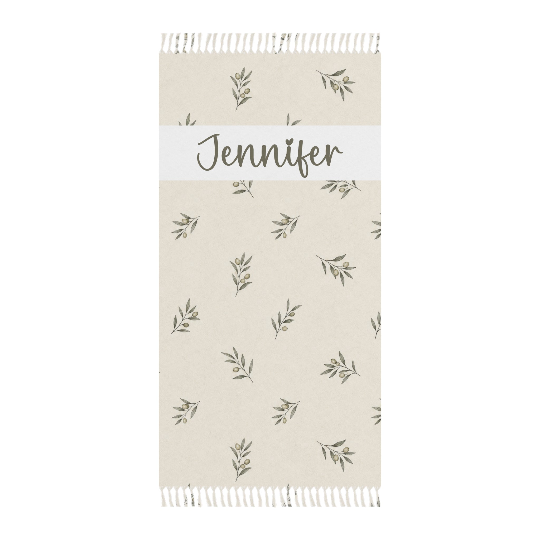 Personalized olive branch beach towel with custom name and tassels