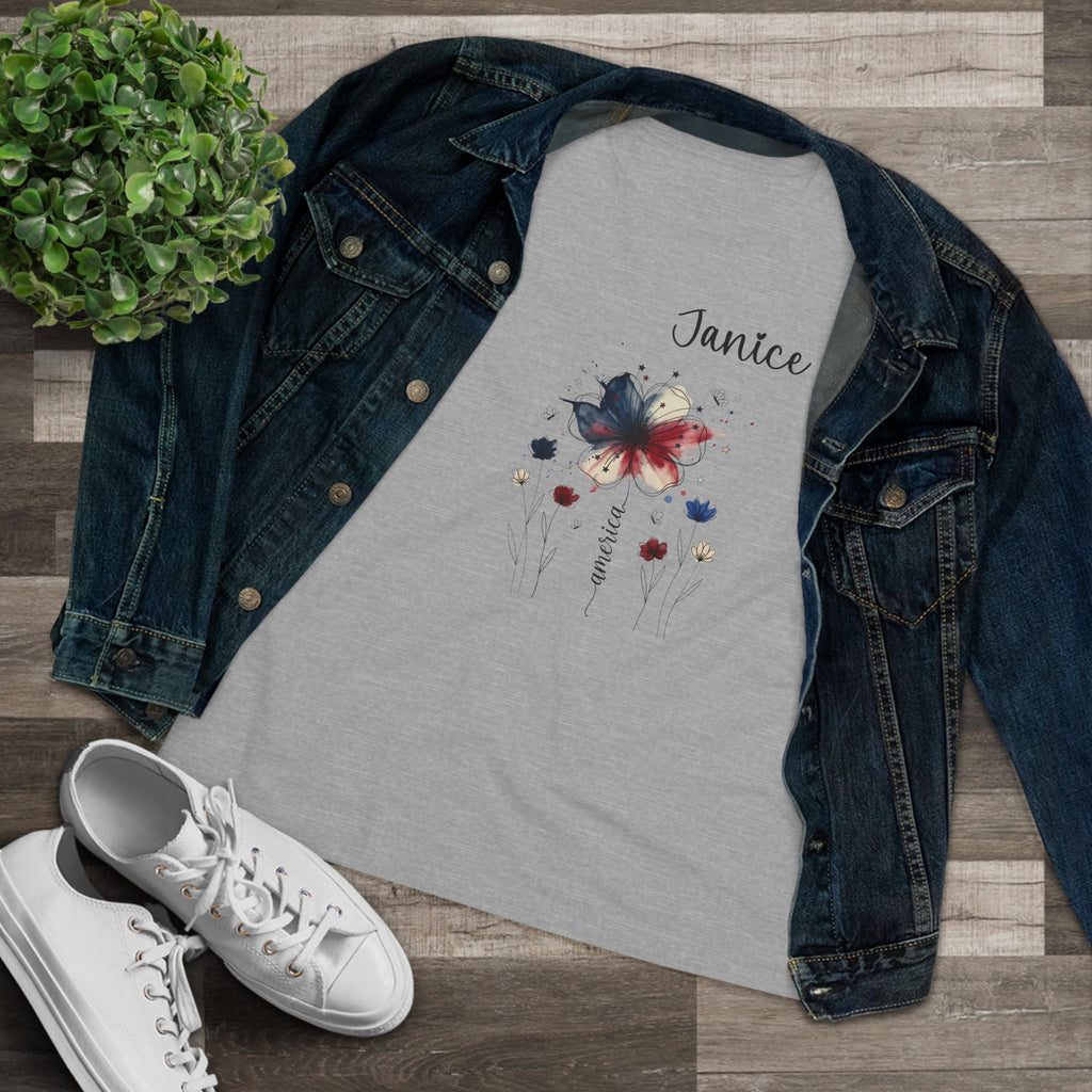 Back view of a personalized patriotic watercolor floral women's tee
