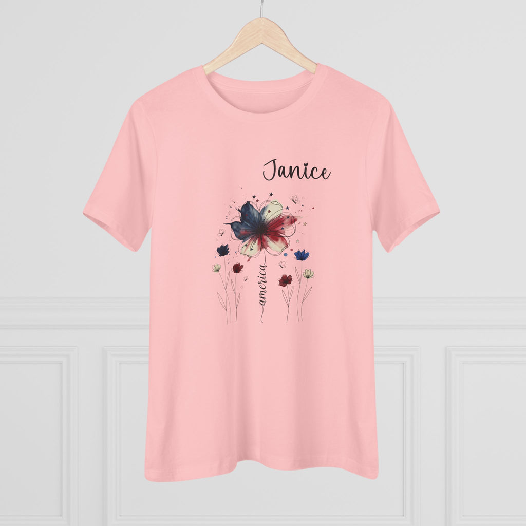 Soft lightweight cotton fabric detail of the personalized patriotic floral tee