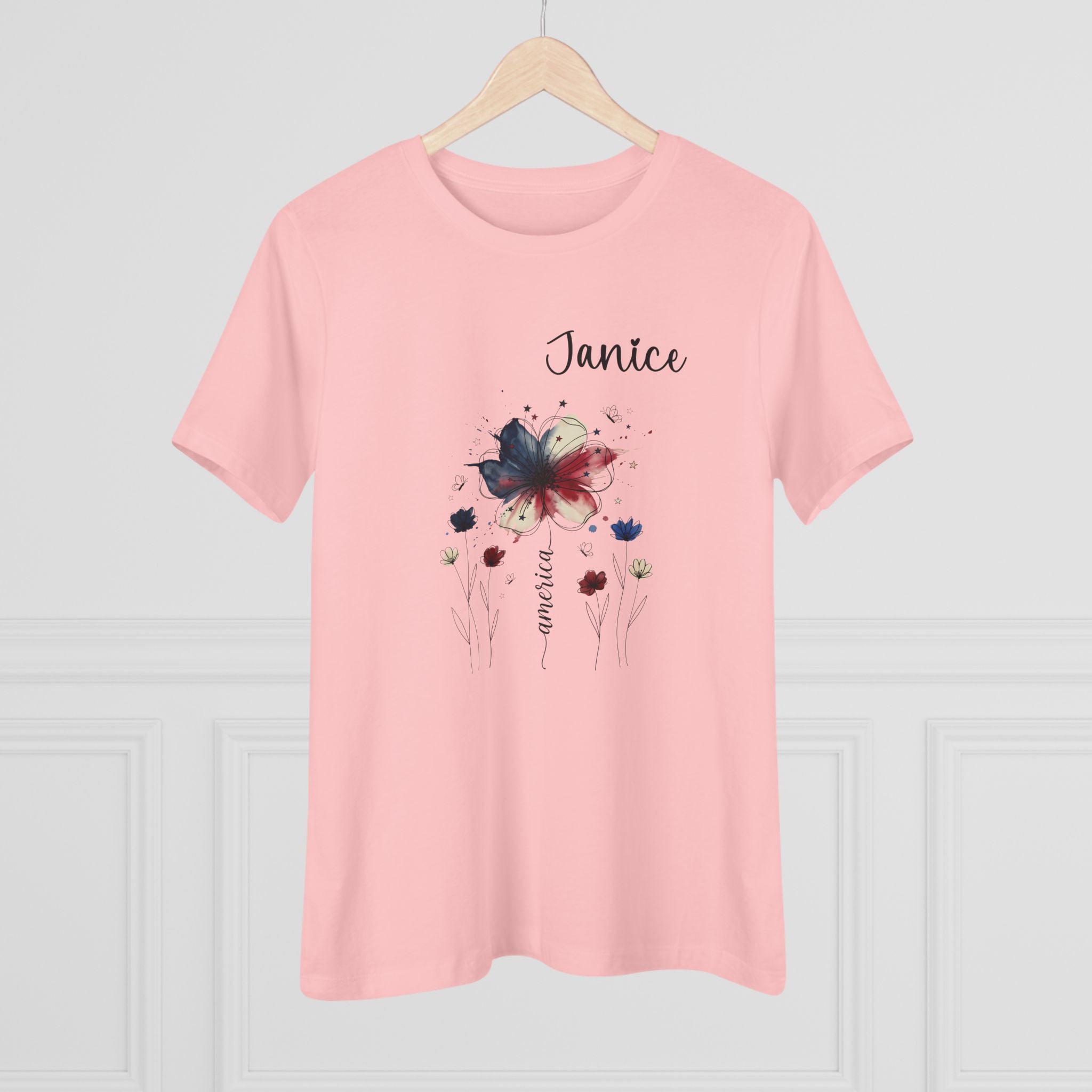 Soft lightweight cotton fabric detail of the personalized patriotic floral tee