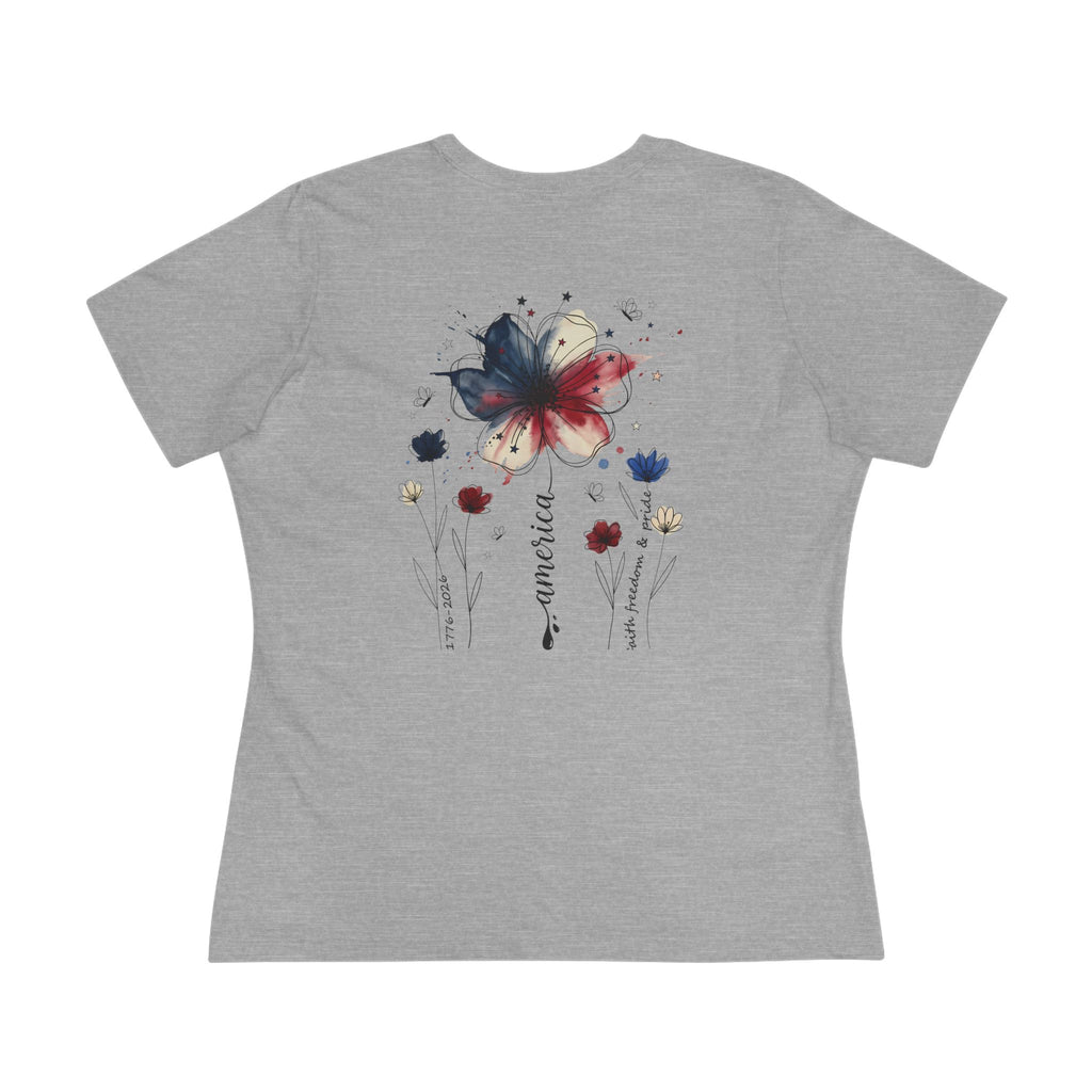 Flat lay of a personalized patriotic floral cotton tee for summer and Independence Day