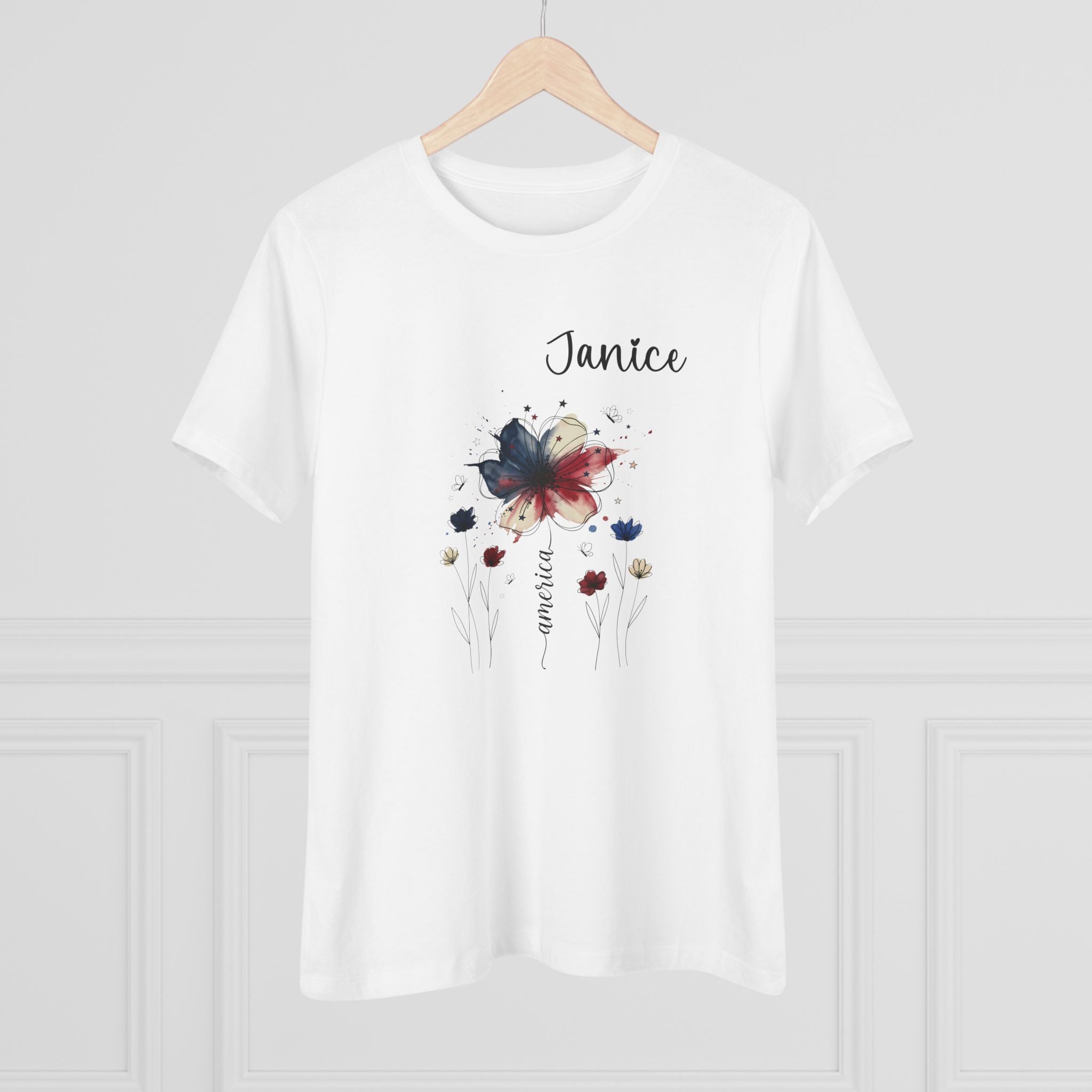 Woman wearing a personalized patriotic watercolor floral tee for 4th of July celebrations