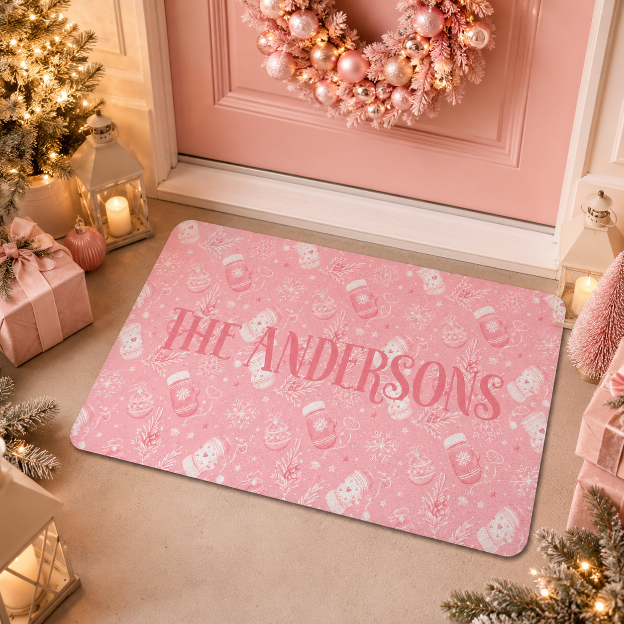 Design template for the pink Christmas doormat showing the print layout