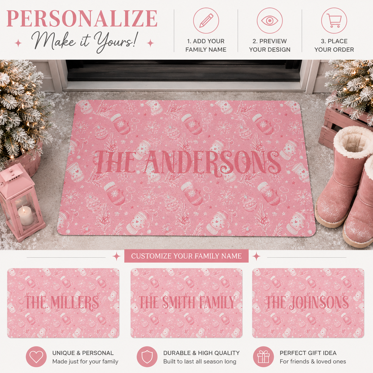 Close-up of the mitten and snowflake pattern on the pink Christmas doormat